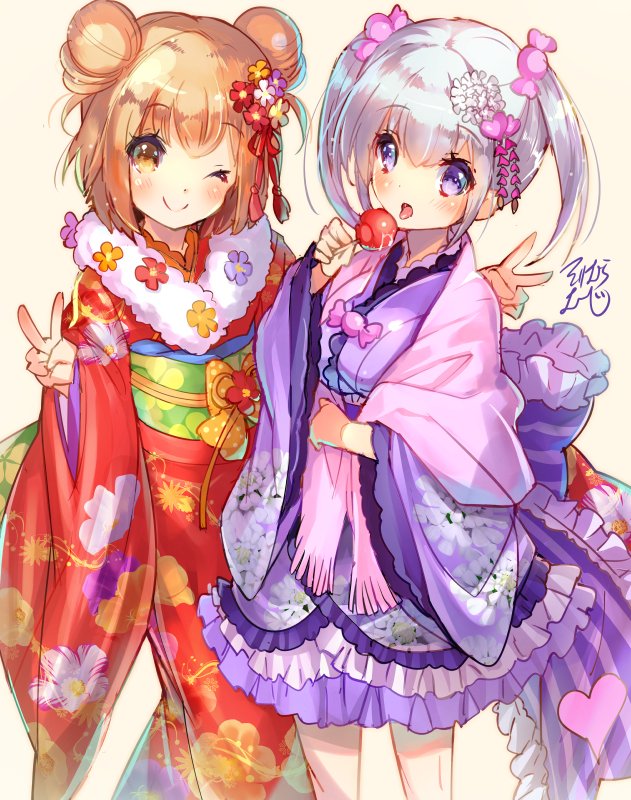 2girls, alternate_hairstyle, bow, brown_eyes, brown_hair, candy, candy_hair_ornament, cowboy_shot