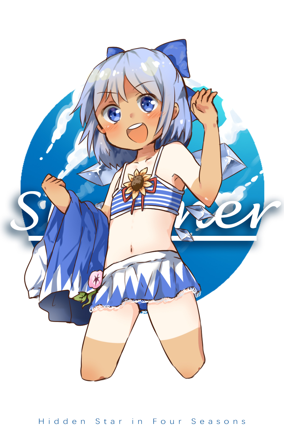 1girl, bikini, blue_dress, blue_eyes, blue_hair, blush, cirno, dress