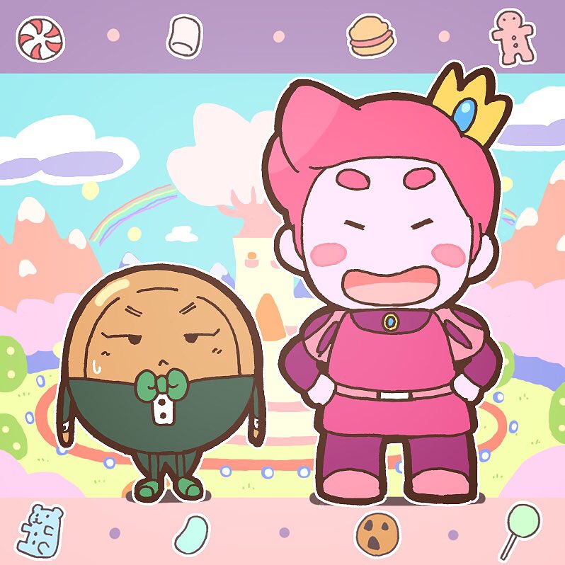 1boy, 1girl, adventure_time, bow, bowtie, butterscotch_butler, candy, chibi
