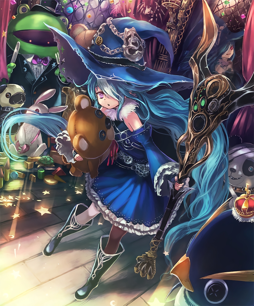 1girl, artist_request, asymmetrical_legwear, blue_hair, boots, chestnut_mouth, crown, cygames, detached_sleeves, dual_persona, frills, fur_trim, grin, hair_over_one_eye, hat, long_hair, microphone, mirror, multicolored_hair, official_art, red_eyes, reflection, remi_and_rami, shadowverse, shingeki_no_bahamut, smile, stuffed_animal, stuffed_toy, teddy_bear, toy, very_long_hair, violet_eyes, witch_hat