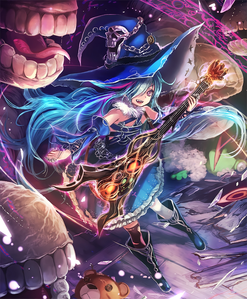 1girl, artist_request, asymmetrical_legwear, blue_hair, boots, broken, broken_floor, broken_glass