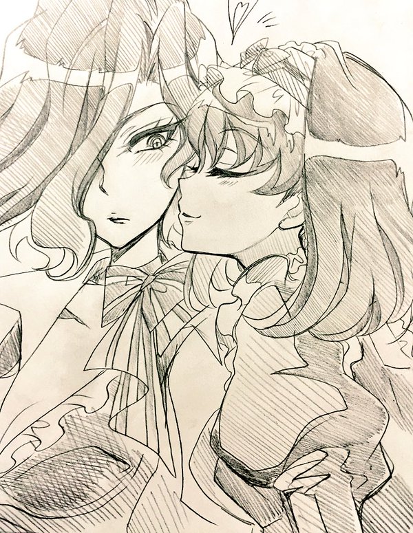 2girls, blush, breasts, cleavage, closed_eyes, garie_tuman, greyscale, hair_over_one_eye