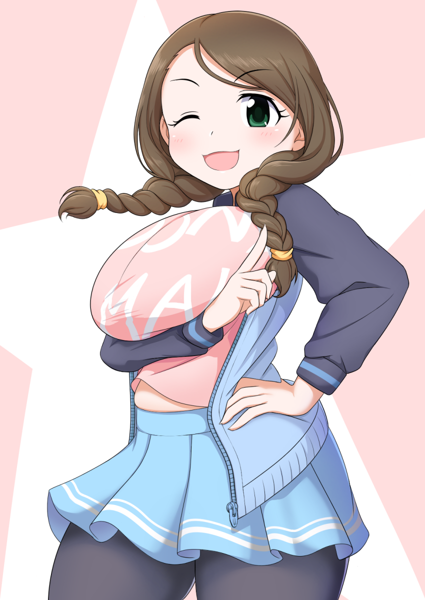 1girl, akanishi_erika, belly, braid, breast_lift, breasts, brown_hair, green_eyes