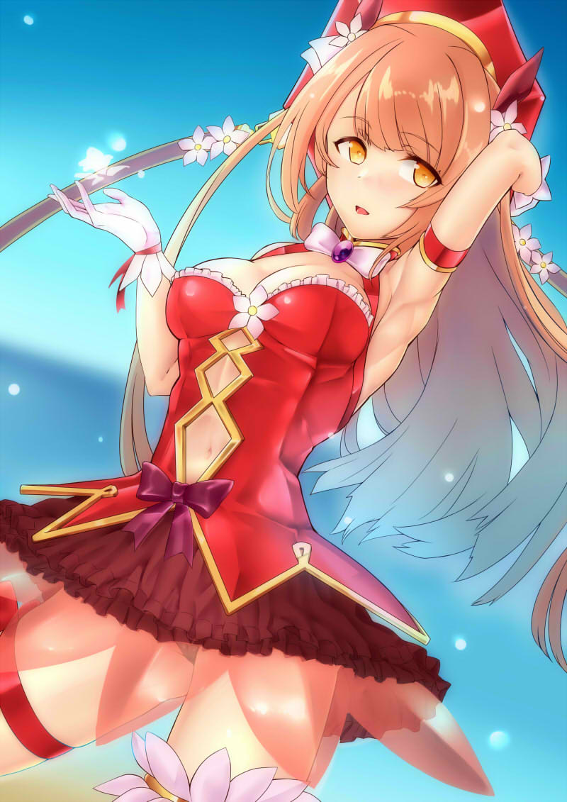 1girl, arm_up, armlet, armpits, black_skirt, blue_background, breasts, brown_hair