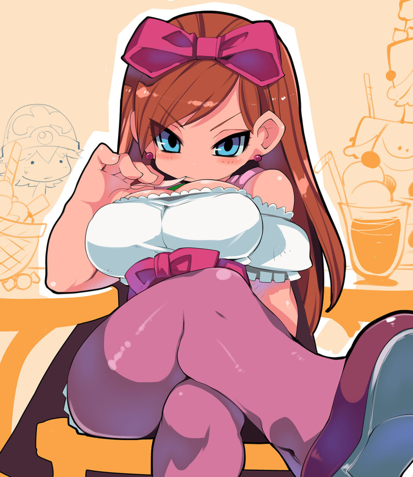 1boy, 1girl, alternate_breast_size, bare_shoulders, blue_eyes, bow, breasts, cape, cleavage, dragon_quest, dragon_quest_x, earrings, eating, eyes_visible_through_hair, food, hair_bow, hairband, highres, jewelry, large_breasts, legs_crossed, long_hair, looking_at_another, orange_hair, pantyhose, pink_cape, purple_legwear, rizerotta_(dq10), sash, sitting, solo_focus, tsurime, zankuro