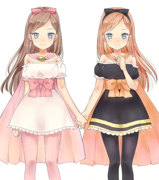 2girls, bangs, bare_shoulders, black_bow, black_dress, black_legwear, black_vs_white, blue_eyes, blush, bow, brown_hair, cape, dragon_quest, dragon_quest_x, dress, earrings, hairband, hand_holding, jewelry, long_hair, looking_at_viewer, multiple_girls, nomutarou, orange_bow, orange_cape, orange_hair, pantyhose, pink_bow, pink_cape, pink_legwear, rizerotta_(dq10), rukoria_(dq10), sash, smile, swept_bangs, white_dress