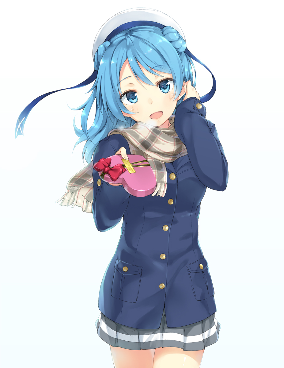 1girl, :d, alternate_costume, beret, blue_eyes, blue_hair, blush, bow