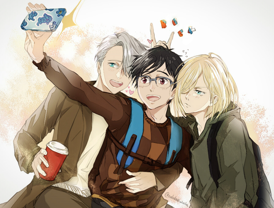 3boys, \m/, backpack, bag, black_hair, blonde_hair, blue-framed_eyewear, blue_eyes
