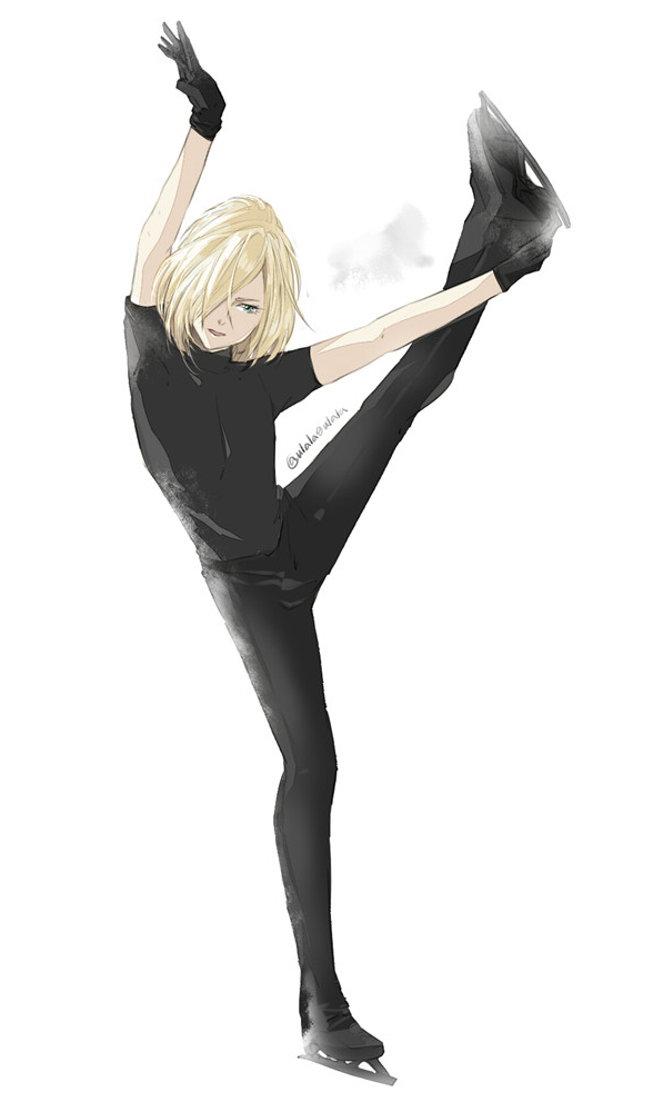 1boy, black_gloves, blonde_hair, gloves, green_eyes, hair_over_one_eye, ice_skates, male_focus