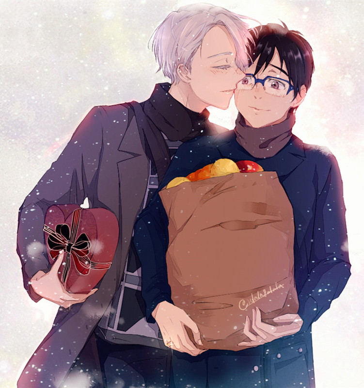 2boys, bag, black_hair, blue-framed_eyewear, brown_eyes, cheek_kiss, closed_eyes, coat