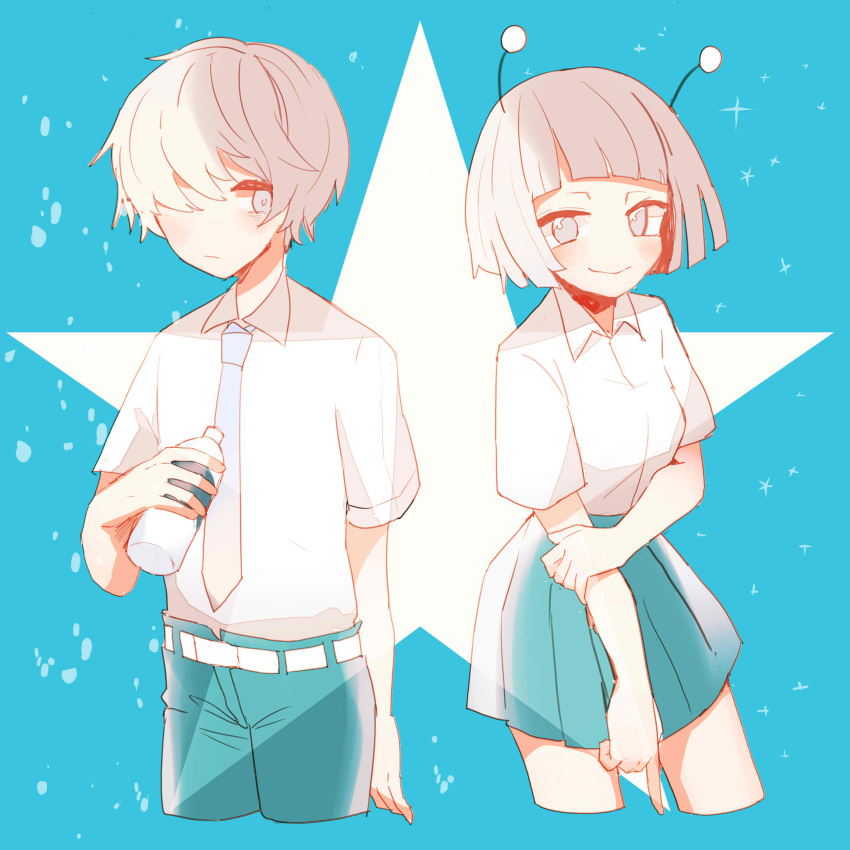 1boy, 1girl, absurdres, andromedako, andromedao, antennae, blue_background, blue_pants
