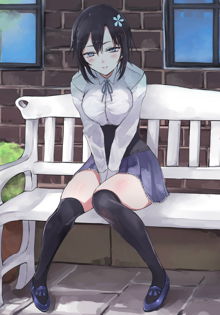 1girl, bench, black_hair, black_legwear, blue_eyes, blue_ribbon, blush, breast_squeeze