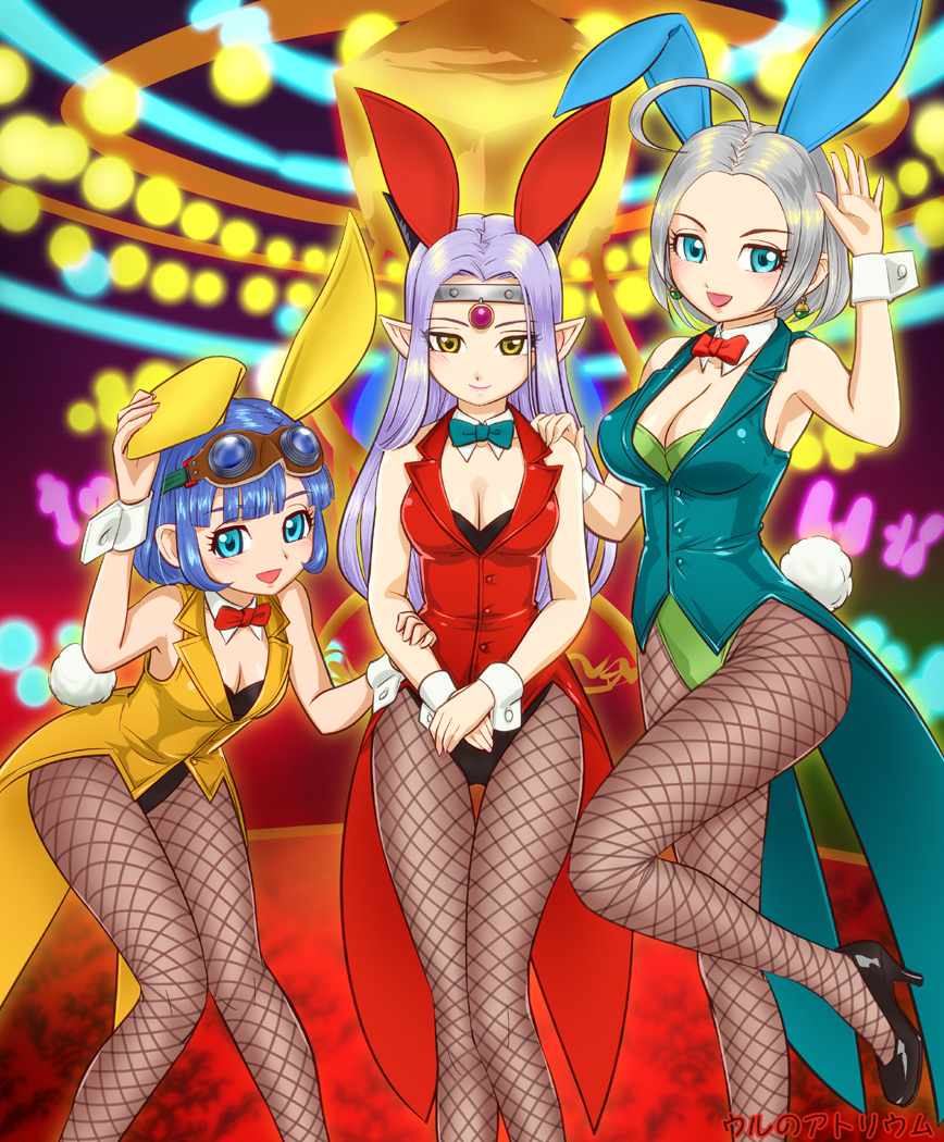 3girls, ahoge, animal_ears, bare_shoulders, black_shoes, bow, bowtie, breasts, bunny_girl, bunny_tail, bunnysuit, cleavage, coattails, detached_collar, dragon_quest, dragon_quest_x, earrings, estella_(dq10), fake_animal_ears, fishnet_pantyhose, fishnets, goggles, goggles_on_head, hands_together, headpiece, high_heels, horns, jewelry, leotard, lipstick, long_hair, looking_at_viewer, makeup, medium_breasts, multiple_girls, open_mouth, pantyhose, rabbit_ears, riin_(dq), riin_(dq10), seraphy_(dq10), shoes, short_hair, small_breasts, smile, tail, ur_(wulfa), wrist_cuffs