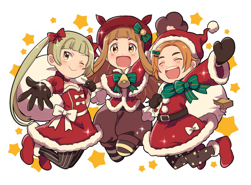 >:d, 3girls, :d, bangs, bell, belt, belt_buckle, black_gloves