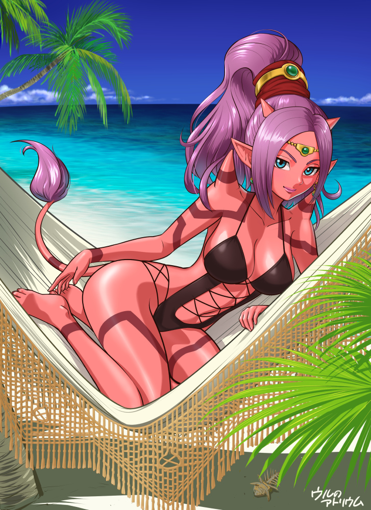1girl, barefoot, beach, blue_eyes, breasts, cleavage, dragon_quest, dragon_quest_x