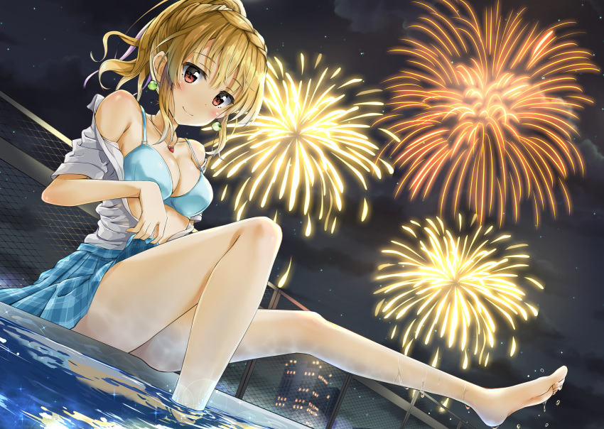 1girl, bare_shoulders, blonde_hair, blush, bra, braid, breasts, brown_eyes