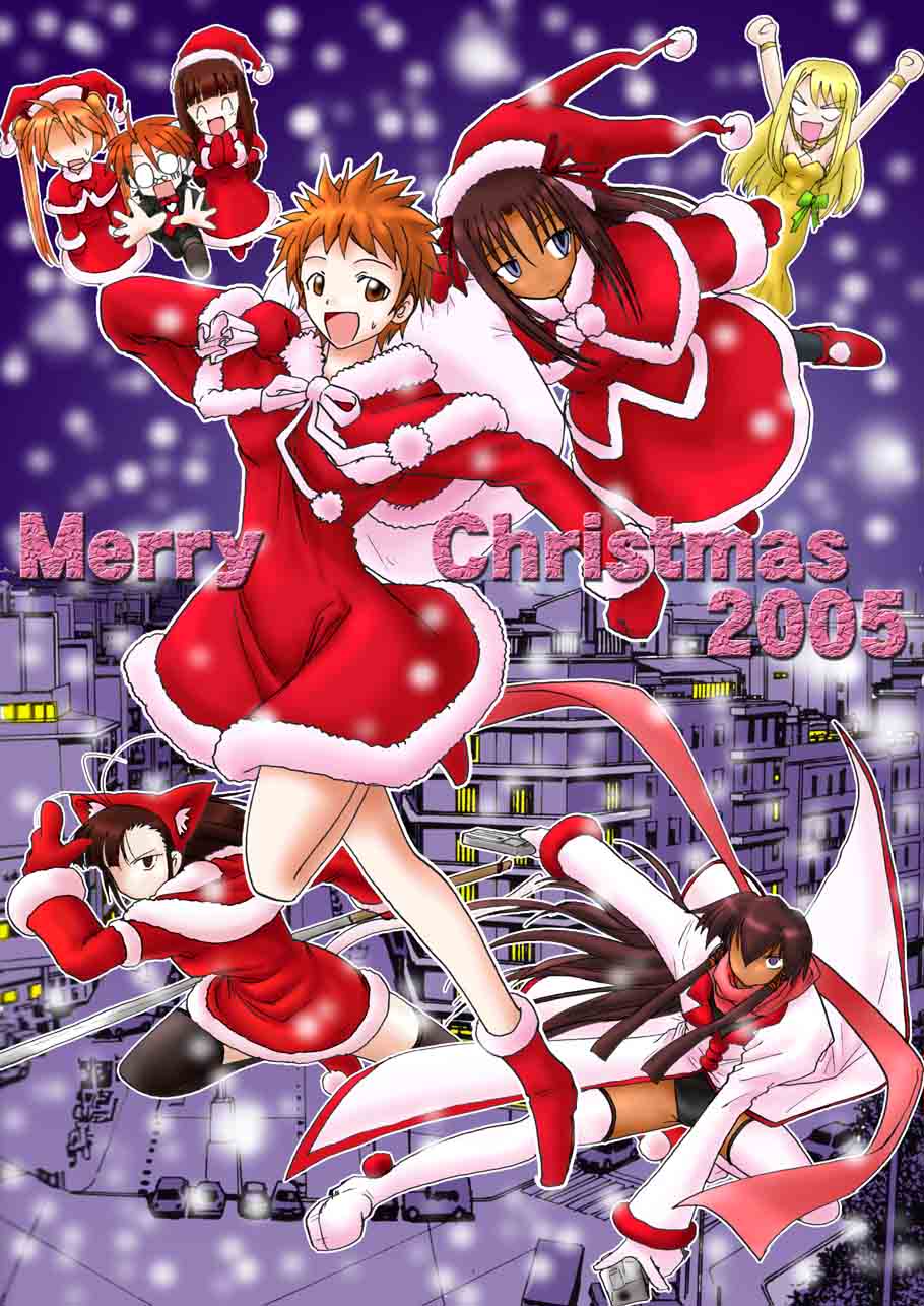 christmas, cocone, cocone_fatima_rosa, highres, jpeg_artifacts, kagurazaka_asuna, kasuga_misora, konoe_konoka, mahou_sensei_negima, mahou_sensei_negima!, negi_springfield, sakurazaki_setsuna, santa, santa_costume, snow, tatsumiya_mana, thighhighs, yukihiro_ayaka