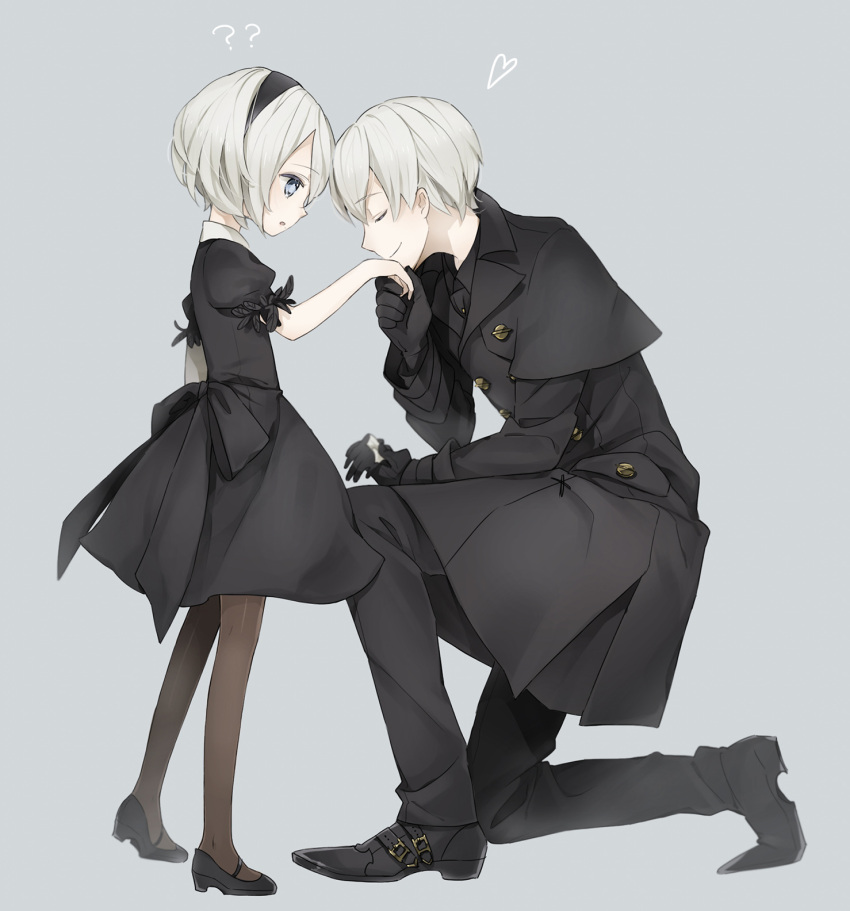 1boy, 1girl, :o, ??, bangs, black_coat, black_dress, black_gloves