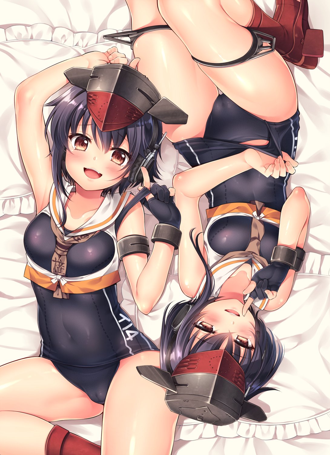 2girls, asymmetrical_hair, black_hair, brown_eyes, fang, framed_breasts, gloves, hair_between_eyes