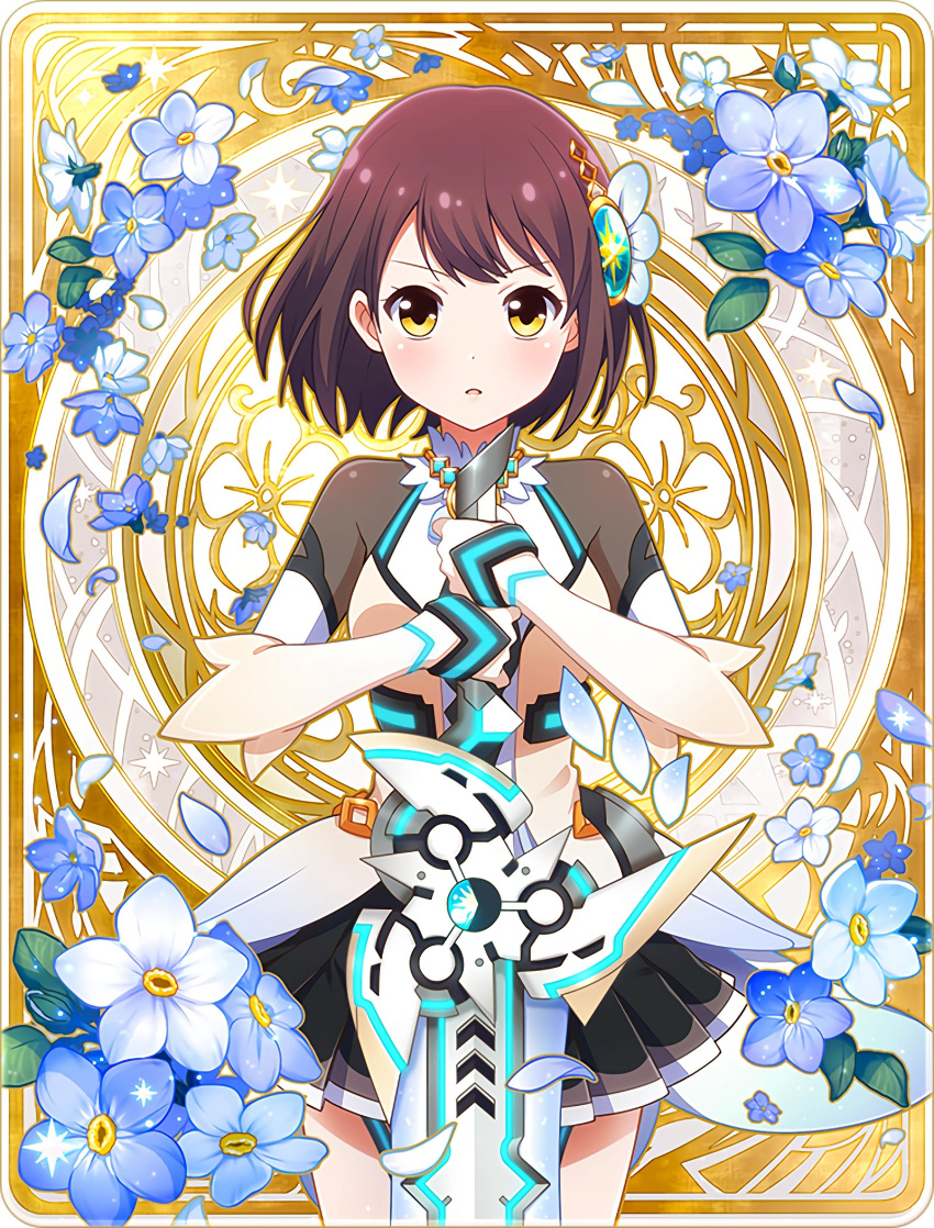 battle_girl_high_school, brown_hair, flower, hair_ornament, highres, looking_at_viewer, official_art, petals