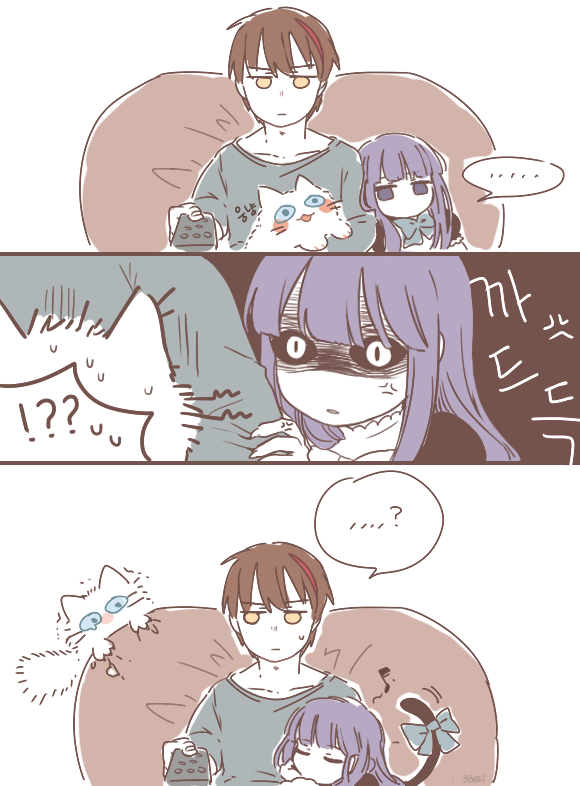 !?, 1boy, 1girl, anger_vein, blue_eyes, blue_hair, bow, brown_hair, cat, cat_tail, closed_eyes, comic, controller, couch, diana_(umineko), frederica_bernkastel, musical_note, remote_control, shaded_face, silent_comic, sitting, tail, tail_bow, trembling, umineko_no_naku_koro_ni, willard_h_wright, yang38, yellow_eyes