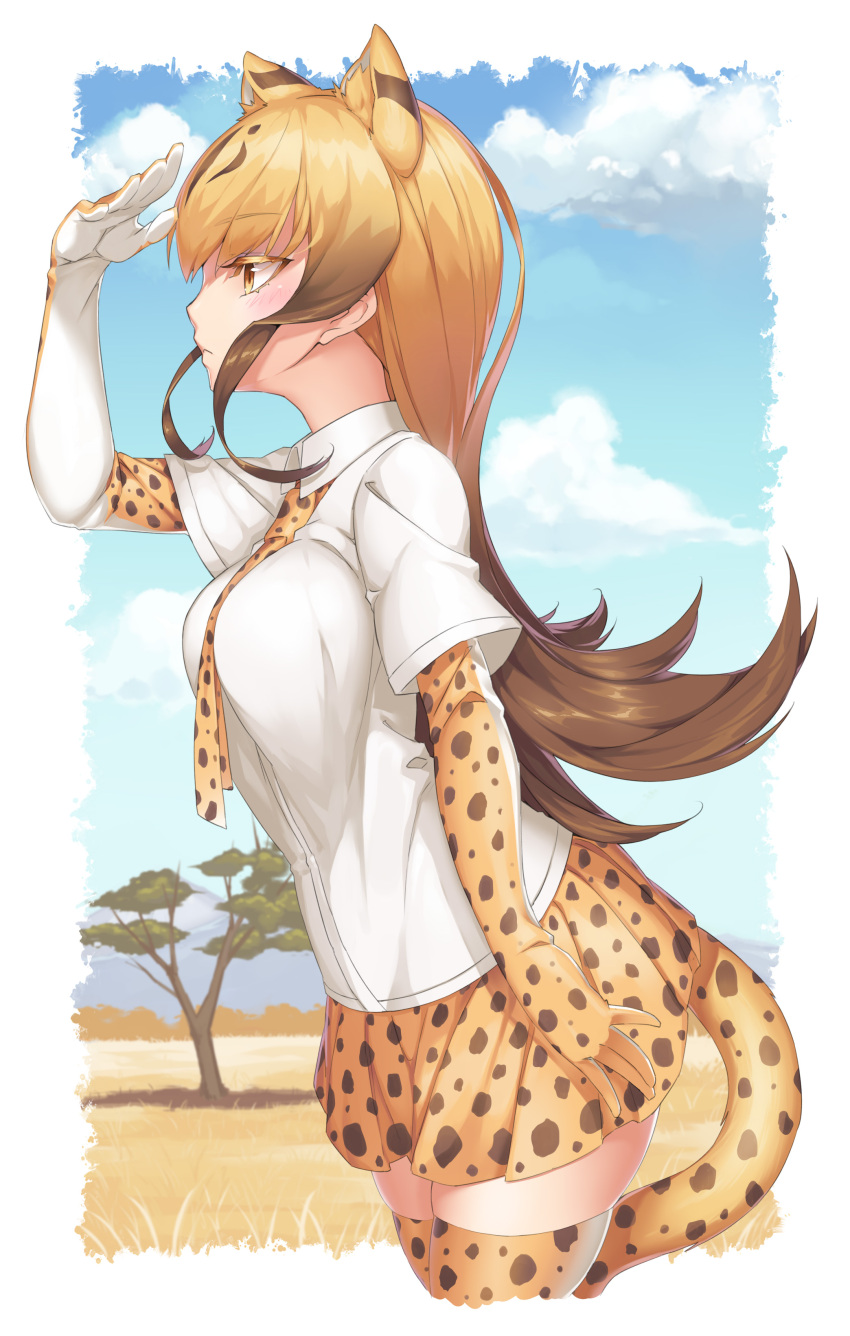 1girl, :|, absurdres, animal_ears, animal_print, arm_at_side, between_breasts, blonde_hair