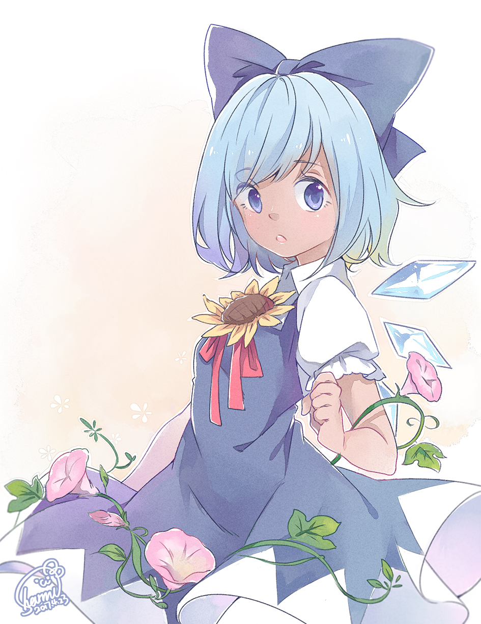 1girl, 2017, :o, bangs, blue_dress, blue_eyes, blue_hair, blue_ribbon