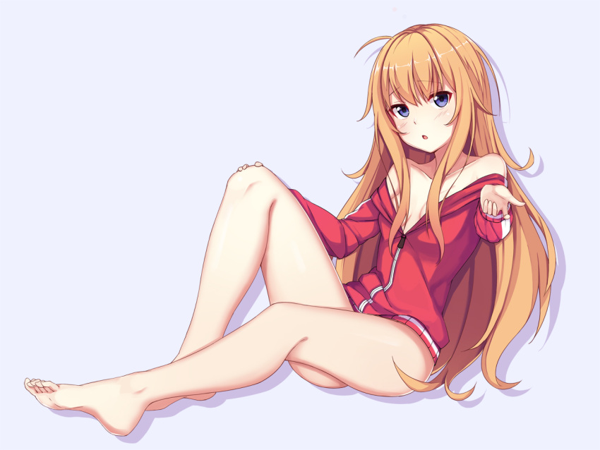 1girl, bare_shoulders, barefoot, blonde_hair, blue_background, blush, breasts, collarbone