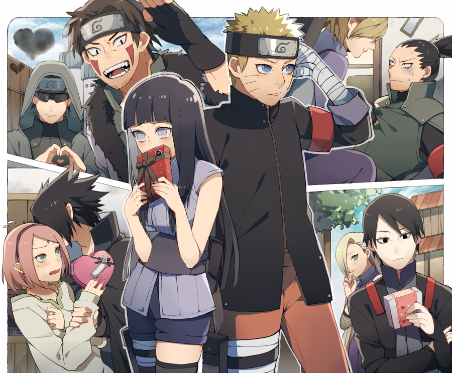4girls, 6+boys, aburame_shino, bandaged_arm, couple, haruno_sakura, heart, hyuuga_hinata
