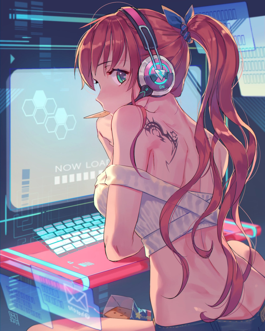 1girl, ass, back, back_tattoo, bangs, breasts, butt_crack, from_behind, green_eyes, hair_ribbon, headphones, highres, holographic_interface, holographic_keyboard, leaning_forward, long_hair, looking_back, mansu, medium_breasts, midriff, mouth_hold, nape, no_bra, off_shoulder, original, ponytail, redhead, ribbon, short_shorts, shorts, shoulder_blades, sitting, snack, solo, strapless, tattoo, tubetop