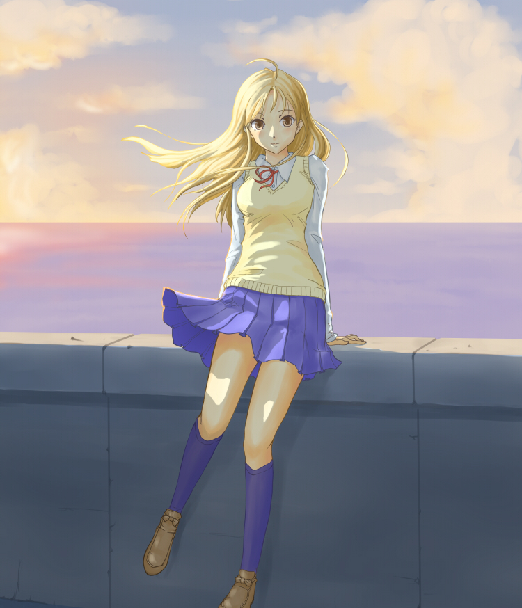 aidama_(td1143), blonde_hair, cloud, clouds, dusk, light, long_hair, ocean