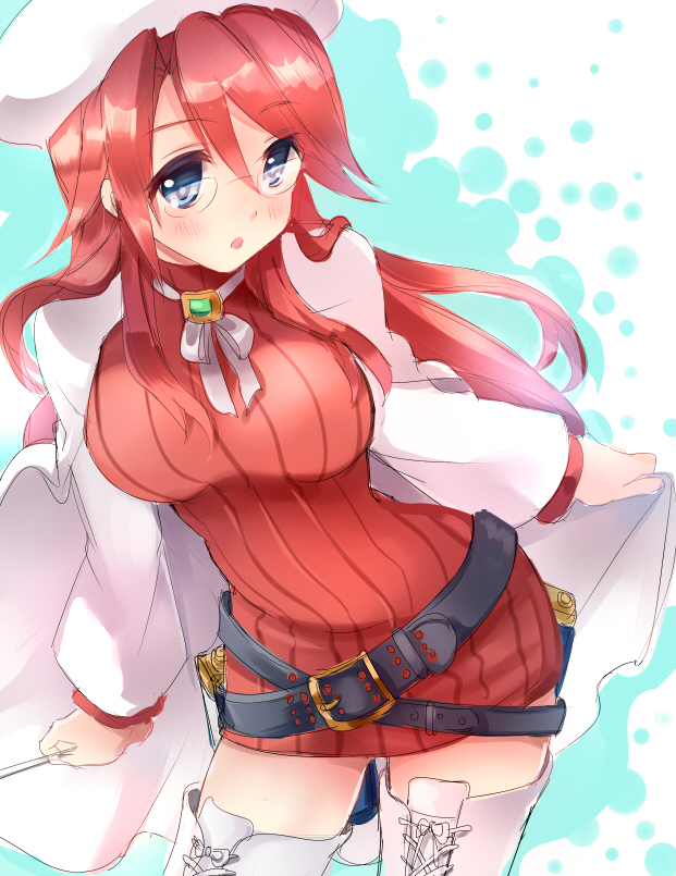 1girl, aty_(summon_night), belt, beret, blue_eyes, blush, boots, breasts
