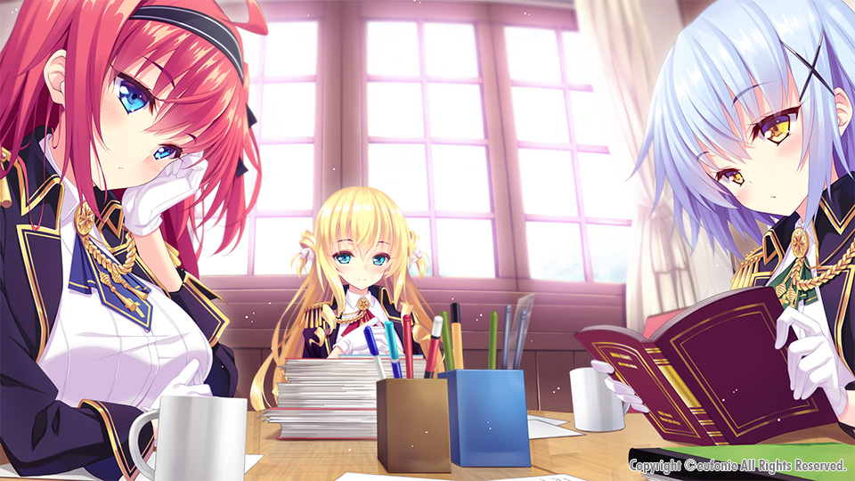 3girls, ahoge, aqua_eyes, arm_support, arm_up, bangs, black_blazer, black_hairband