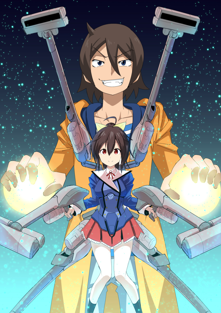1boy, 1girl, blue_eyes, brown_hair, commentary_request, crossover, frame_arms_girl, gennai_ao, grin, gundam, gundam_build_fighters, gundam_build_fighters_try, highres, i.takashi, knees_together_feet_apart, mecha_musume, minigirl, neck_ribbon, pleated_skirt, ponytail, red_eyes, ribbon, sakai_minato, school_uniform, skirt, smile