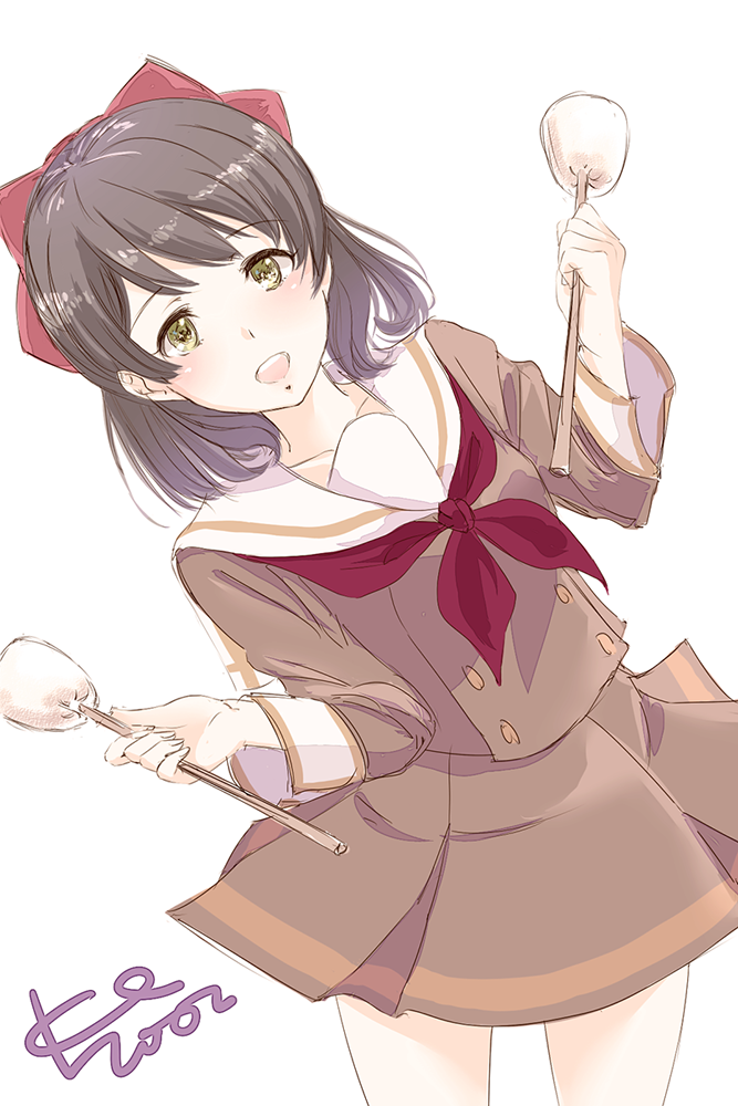 black_hair, bow, brown_eyes, brown_serafuku, brown_skirt, drumsticks, extra, hair_bow