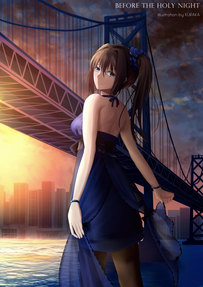 1girl, absurdres, aozaki_aoko, artist_name, bare_back, bare_shoulders, blue_dress, blue_eyes
