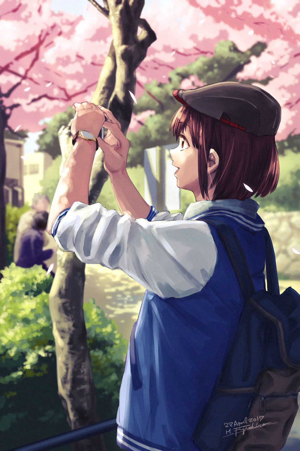 1girl, backpack, bag, blurry, brown_eyes, brown_hair, bush, cabbie_hat