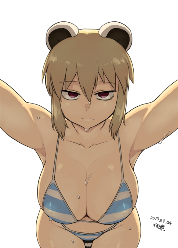 1girl, animal_ears, araiguma-san, bikini, blonde_hair, blue_bikini, breasts, cleavage