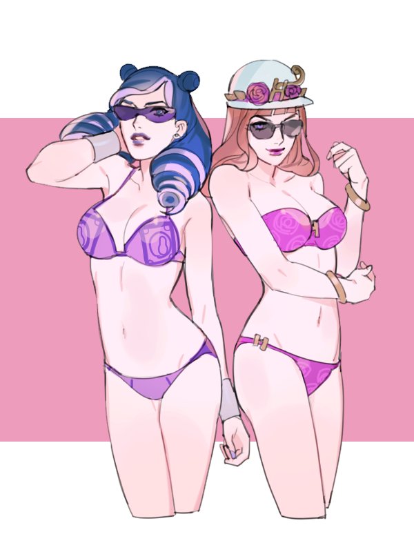 2girls, adjusting_hair, arm, bandeau, bare_arms, bare_legs, bare_shoulders, bikini, blue_eyes, blue_hair, bracelet, breasts, brown_hair, cleavage, closed_mouth, cowboy_shot, double_bun, drill_hair, female, floral_print, flower, hand_in_hair, hat, hat_flower, higashikata_kato, holly_joestar-kira, jewelry, jojo_no_kimyou_na_bouken, jojolion, legs, lips, lipstick, long_hair, looking_at_viewer, makeup, medium_breasts, midriff, multiple_girls, navel, one_eye_covered, parted_lips, pink_bikini, pink_eyes, pink_lipstick, pink_swimsuit, purple_bikini, purple_lipstick, purple_swimsuit, reammara, side-by-side, sketch, smile, standing, strapless, strapless_bikini, strapless_swimsuit, sunglasses, swimsuit, twin_drills, wristband