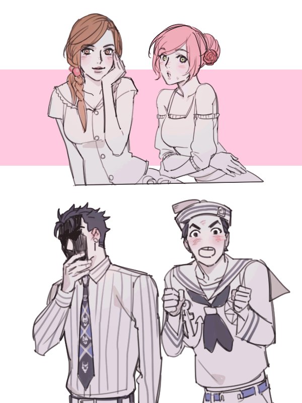 2boys, 2girls, anchor_symbol, ascot, bare_shoulders, belt, black_eyes, black_hair