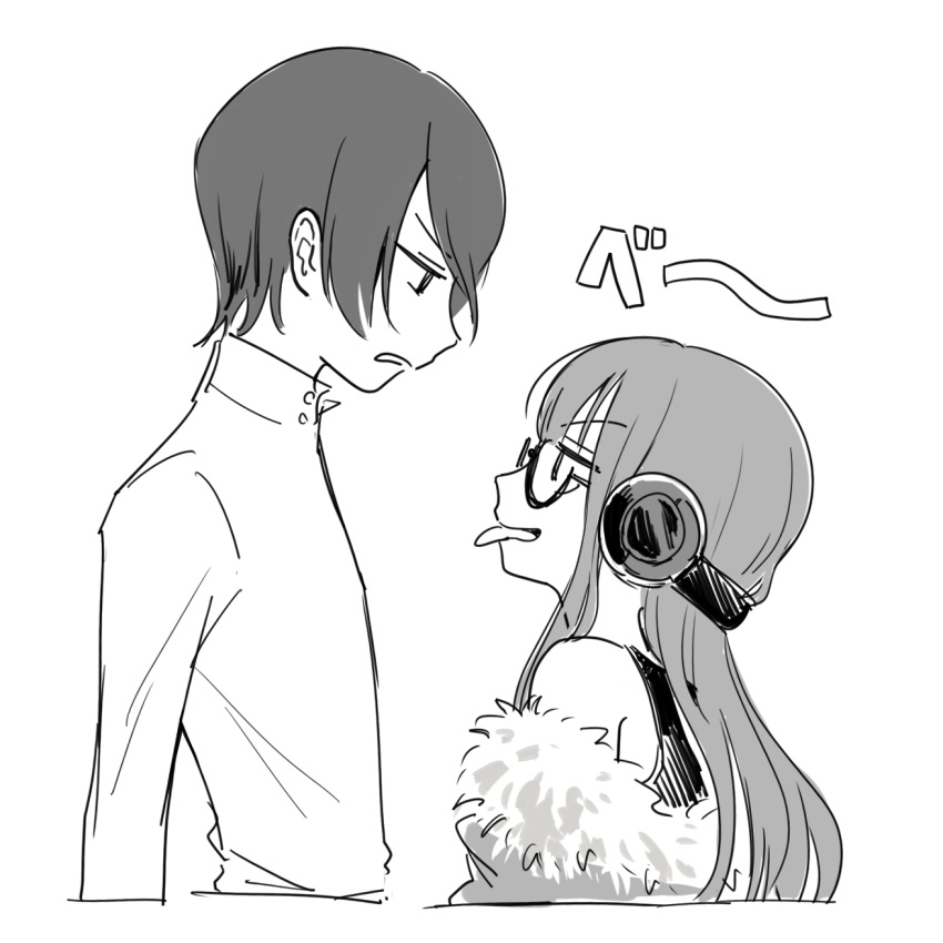 >:(, >:p, 1boy, 1girl, :p, bare_shoulders, camisole, collared_shirt, eye_contact, facing_another, from_side, fur_trim, glasses, greyscale, headphones, high_collar, highres, hotoke_(zz_orz), jacket, kitagawa_yuusuke, long_hair, looking_at_another, monochrome, off_shoulder, persona, persona_5, sakura_futaba, semi-rimless_glasses, shirt, simple_background, smile, standing, tongue, tongue_out, upper_body, white_background