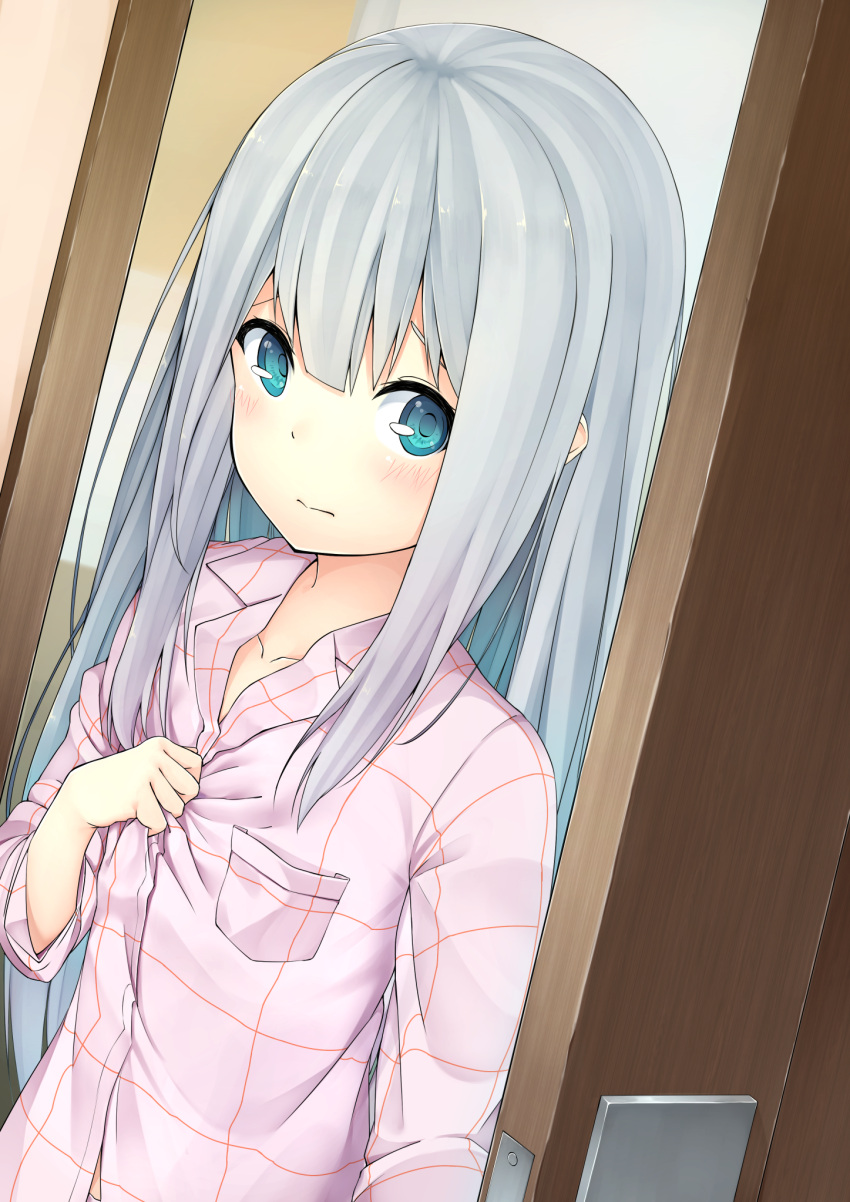1girl, 3:, aqua_eyes, bangs, blush, breast_pocket, closed_mouth, collarbone
