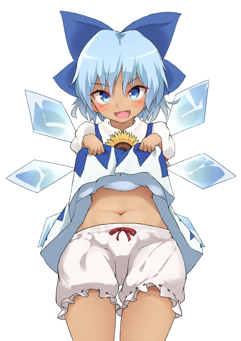 1girl, bloomers, blue_bow, blue_eyes, blue_hair, blush, bow, cirno