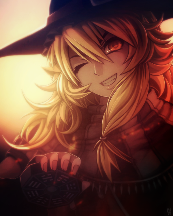 1girl, blonde_hair, dark, fixelcat, grin, hat, head_tilt, kirisame_marisa, koumajou_densetsu, light, long_hair, looking_at_viewer, mini-hakkero, one_eye_closed, portrait, red_eyes, smile, solo, touhou, witch_hat