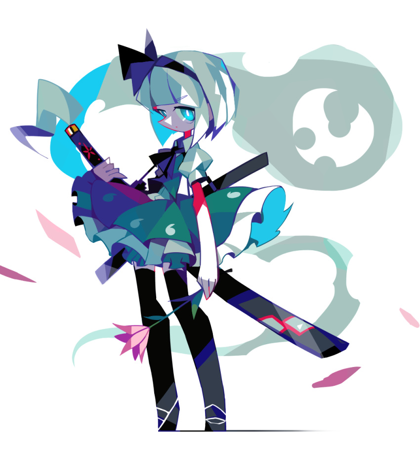 1girl, amakusa, ascot, black_ascot, black_bow, black_hairband, black_legwear, black_shoes, bow, collared_shirt, eyebrows_visible_through_hair, flower, frilled_skirt, frills, full_body, green_eyes, green_skirt, green_vest, hair_bow, hairband, hitodama, holding, holding_flower, holding_sword, holding_weapon, katana, konpaku_youmu, konpaku_youmu_(ghost), limited_palette, looking_at_viewer, petals, puffy_short_sleeves, puffy_sleeves, scabbard, serious, sheath, sheathed, shirt, shoes, short_hair, short_sleeves, silver_hair, simple_background, skirt, skirt_set, solo, standing, sword, thigh-highs, touhou, vest, weapon, white_background, white_shirt, wing_collar