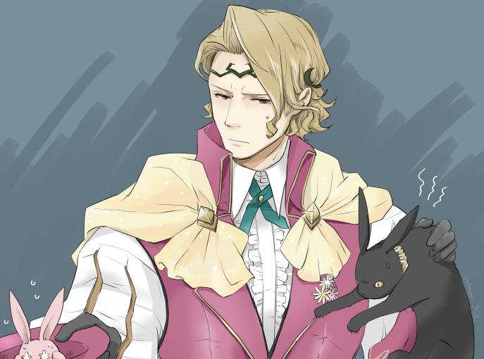 1boy, alternate_costume, angry, artist_name, blonde_hair, cape, cat, fire_emblem