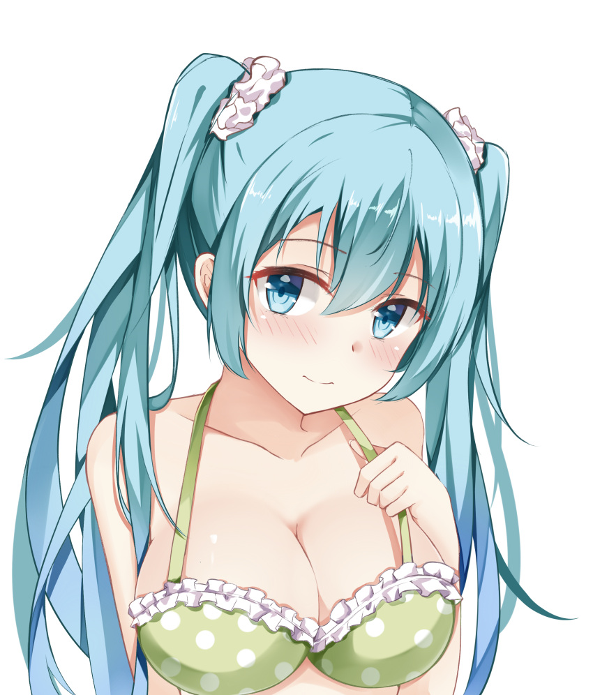 1girl, absurdres, aqua_eyes, aqua_hair, bantian_yindang, blush, breasts, cleavage