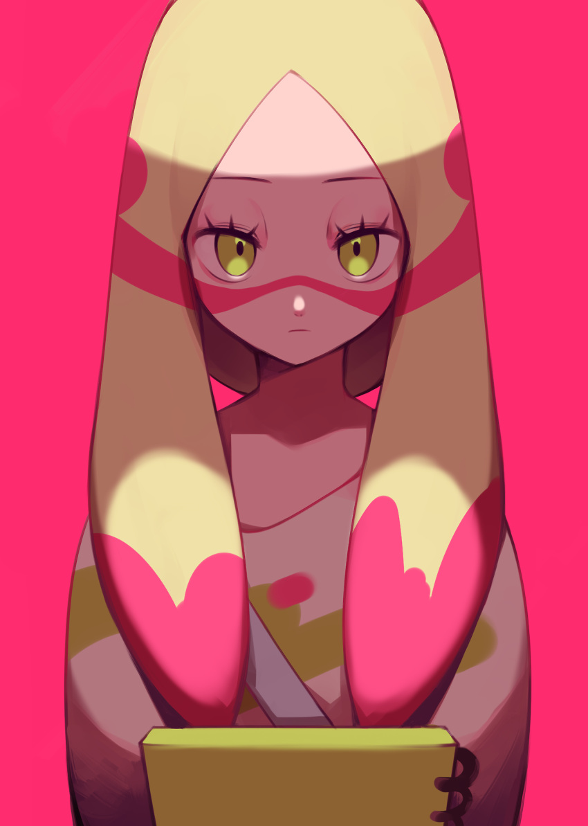 1girl, bag, bangs, blonde_hair, eyelashes, facepaint, half-closed_eyes, highres, long_hair, looking_at_viewer, matsurika_(pokemon), oversized_clothes, paint, parted_bangs, pink_background, pokemon, pokemon_(game), pokemon_sm, simple_background, sketchbook, solo, trial_captain, upper_body, yamtteng, yellow_eyes