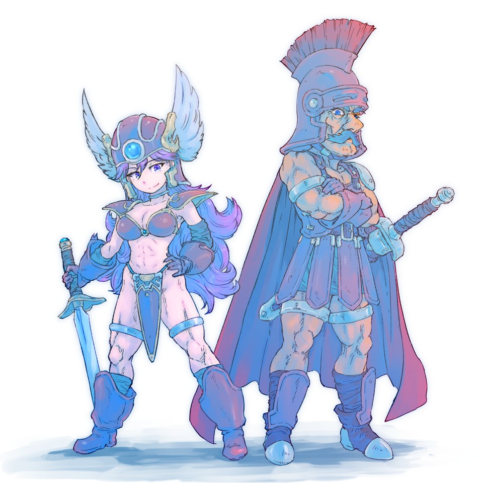 1boy, 1girl, armor, bikini_armor, breasts, cleavage, dragon_quest, dragon_quest_iii