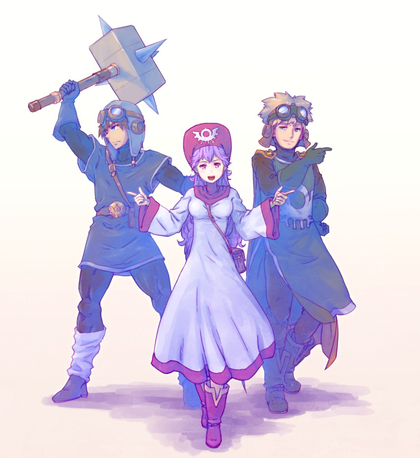 1girl, 2boys, blush, breasts, dragon_quest, dragon_quest_ii, dress, full_body
